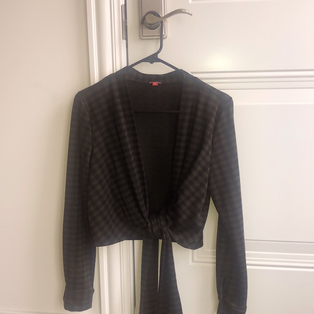 Guess olive green and black plaid cropped tie top